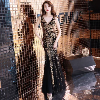 

Black New Sexy Sequins Evening Dress V-neck Beading Maxi Dress Party Prom Dress vestido de noche
