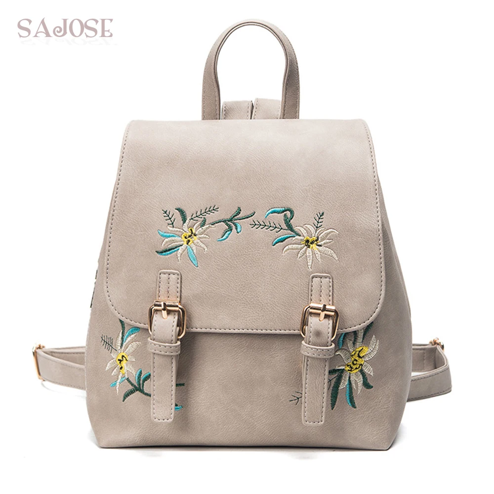Fashion Floral Leather Backpack Women Embroidery School Bag For Teenage