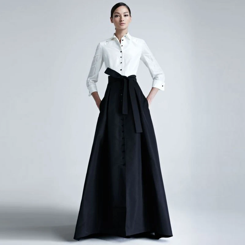 

2018 Autumn Winter Women Skirts Custom Made Empire Waistline A Line Floor Length Maxi Skirt Black Long Skirt With Pockets