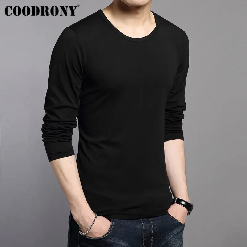COODRONY футболка с длинным рукавом для мужчин Приталенная мужская однотонная