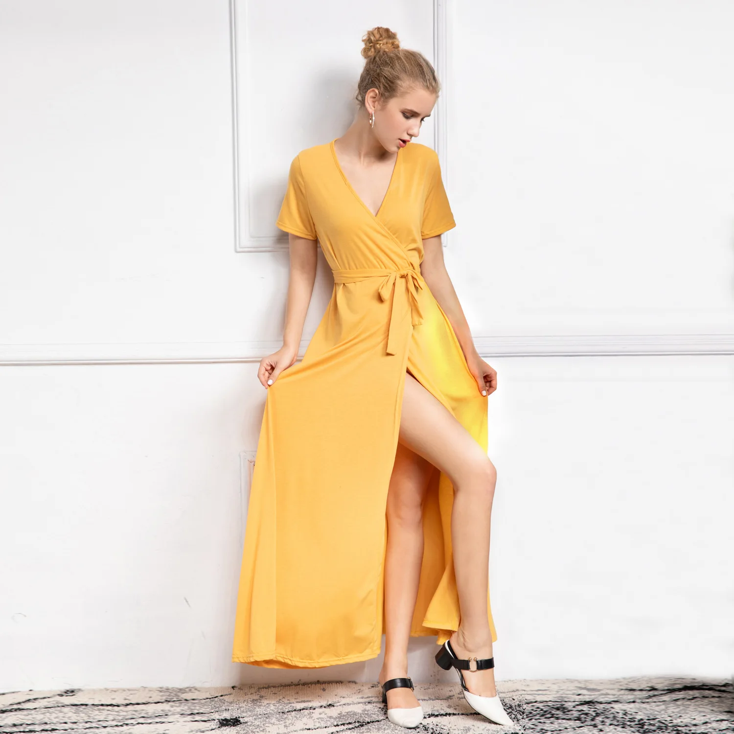 

Summer Women Midi Dress Solid Colors Ladies Shirt Dresses Vintage Party Dress Sundress Women Clothes V-neck Vestidos