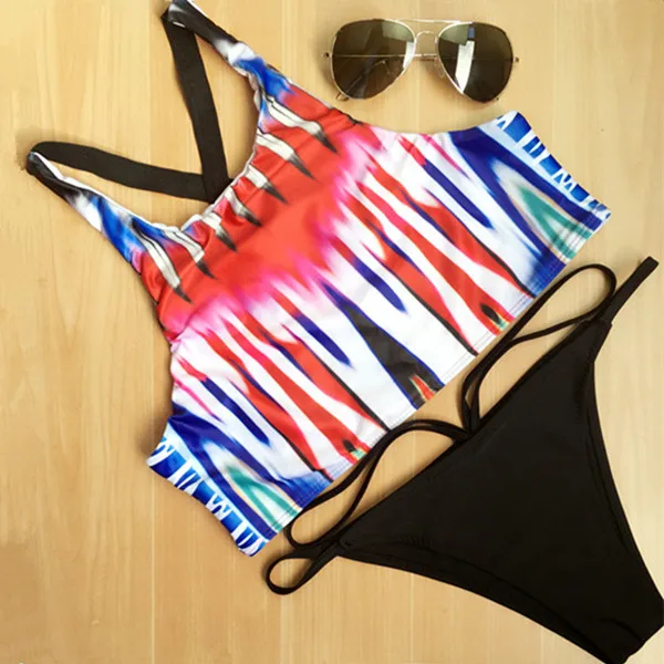 2016 halter popular swimsuit with striped pattern Bikini women swimwear