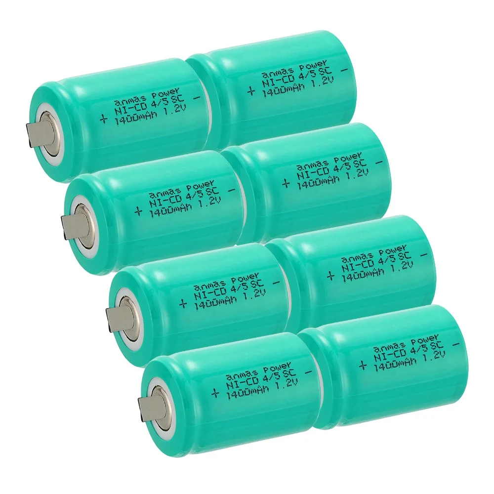 

Anmas Power 8Pcs 1.2V Ni-CD 4/5 Sub C 1400mAh Rechargeable Battery Green SC Ni-CD Cell with Welding Tabs