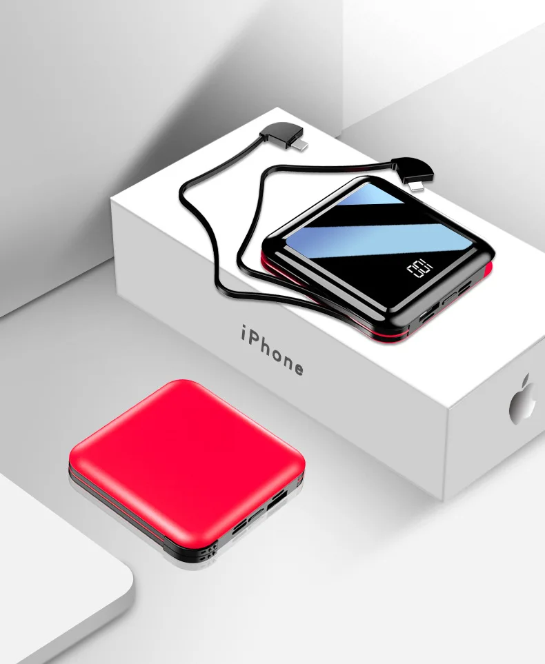  Mini Power Bank 20000mah Mirror Screen External Battery Dual USB Type C Powerbank Built in Cable fo