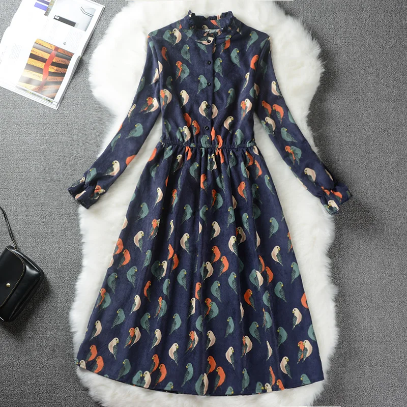 

2019 Mori Girl Vintage Print Women Dress Spring Autumn Long Sleeve Floral And Birds Print Corduroy Vestidos Elegant Retro Dress