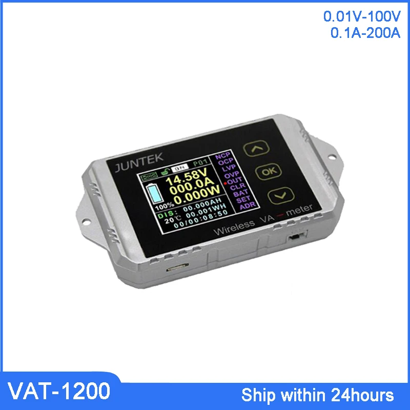 

VAT1200 100V 200A Wireless Current-Voltage Meter 24V 48V Car Battery Coulomb Counter Measure the Power/Watt/Time/Temperature