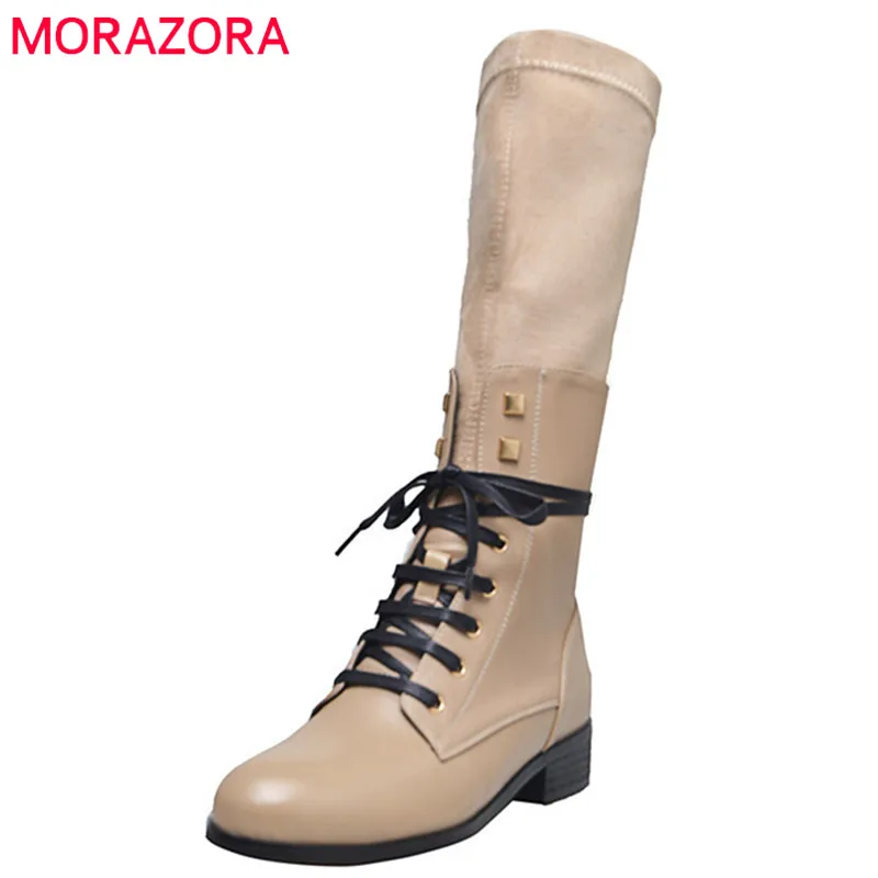 

MORAZORA 2020 new arrival genuine leather mid calf boots women round toe autumn winter boots lace up Stretch fashion shoes woman