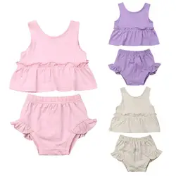 Одежда для новорожденных девочек, однотонные топы без рукавов с оборками, платье + шорты, комплекты для малышей