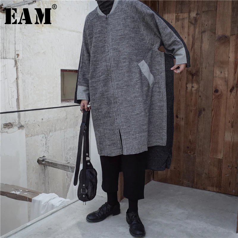 2019 eam Femmes Col Couleur À Long Gray Parkas Jl154 Lâche Laine Hiver Stand Nouveau Mode Frappé Manteau Longues Printemps Gris De Marée Manches dXqxrXT