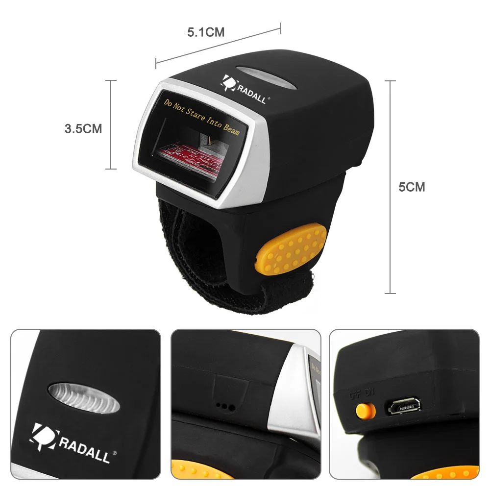  RADALL RD-R2 Wireless Barcode Scanner with bluetooth Wearable finger ring barcode scanner 32bit lon