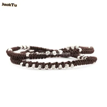 

free shipping silver nuggets on brown nylon knoted 2 wrap bracelet for men