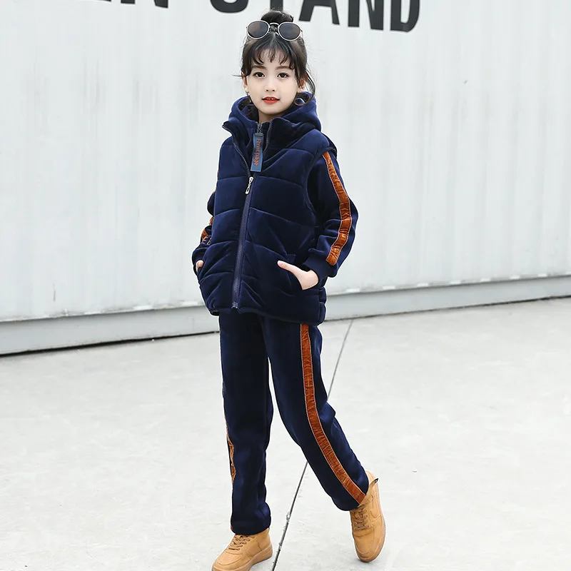 

Girls Sports Suit Winter Children Long Sleeve Hoodies Vest Sweatshirt trousers Kids Girl Clothing Set 3 Pieces Warm Thick Suits