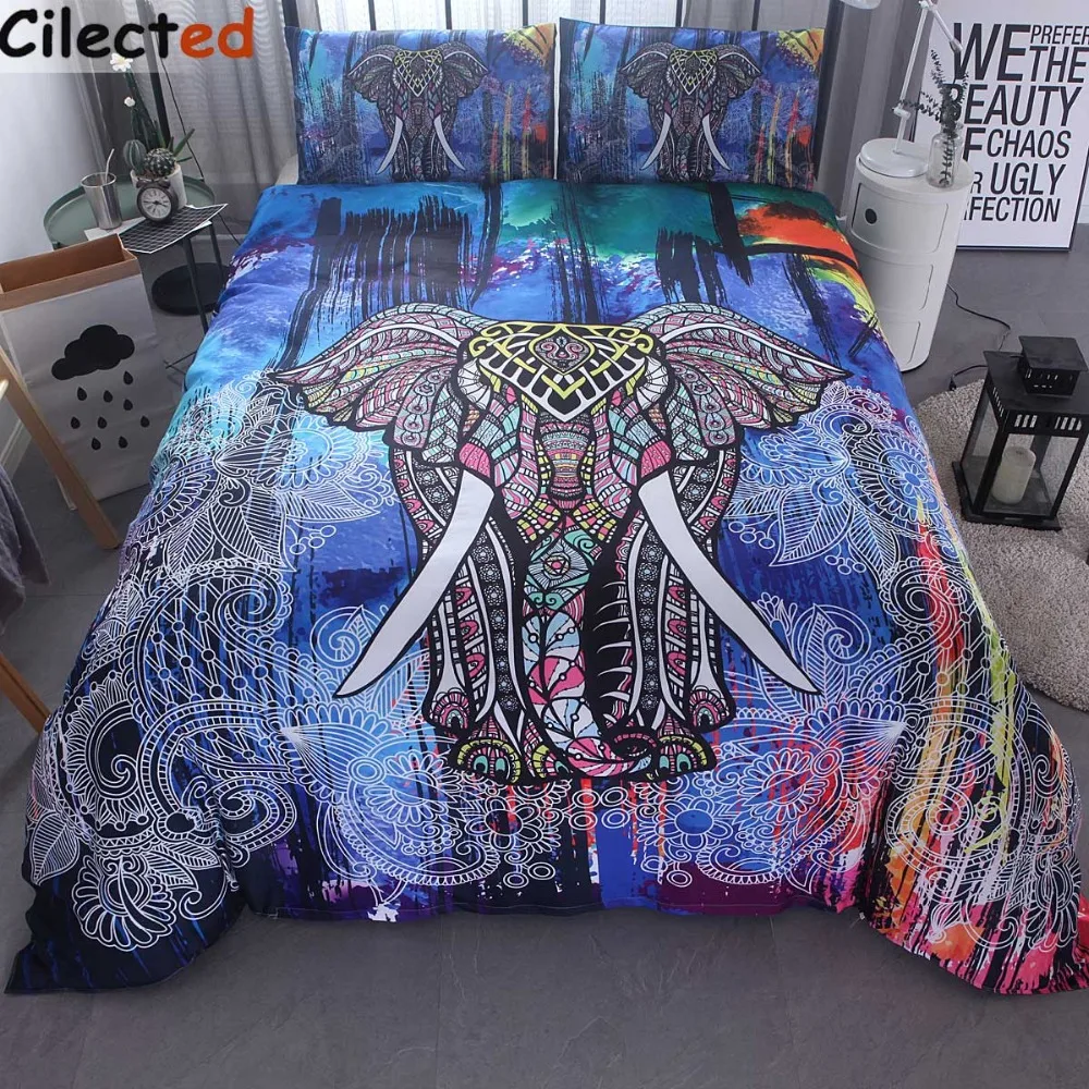 Cilected India Elephant Print Duvet Cover Set With Pillowcase 3pcs Bedding Set Bohemian Design