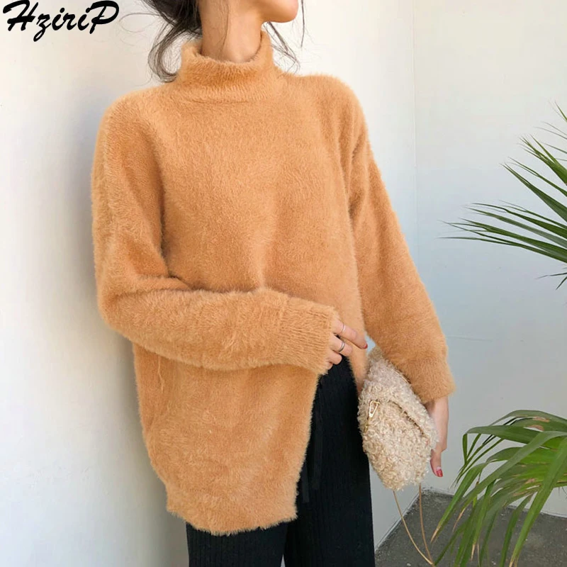 

HziriP New 2018 Autumn Winter Fashion Knitted Wild Loose Sweater Split Women Sweet Sweaters Office Lady Slim Solid Pullovers