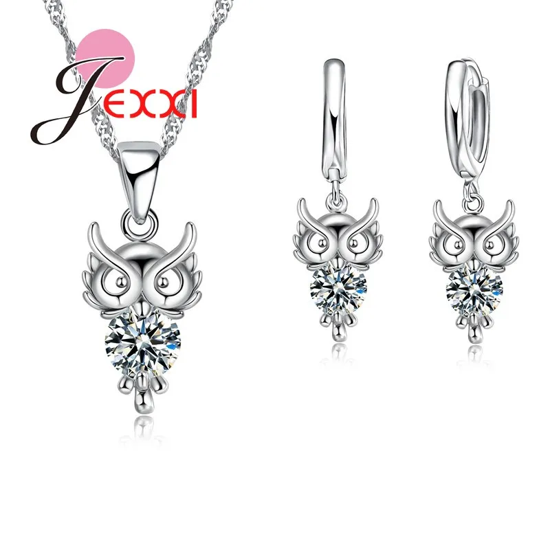 

JEXXI Cute Lovely Owl Cubic Zircon Crystal 925 Sterling Silver Pendant Necklaces Earrings Jewelry Set For Girls Party Gift