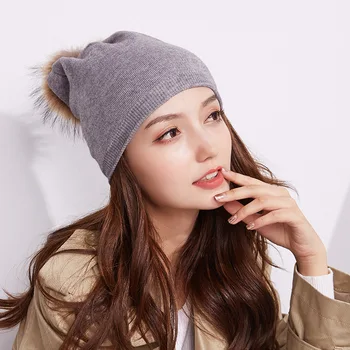 

Women Fashion Pompon Beanies Fur Hat Autumn Winter Knitted Wool Hats For Female Warm Caps With Natural Genuine Raccoon Fur Cap