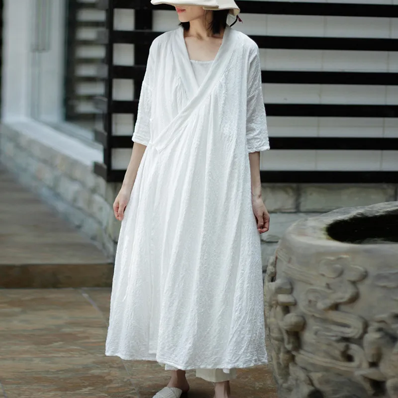 

Johnature New 2019 Solid Color Long Dresses Summer Women Half Sleeve V-Neck Loose Cotton Linen Vintage Tie Dresses