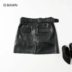 2018 плюс размер кожаные юбки женские черные с высокой талией А-силуэта мини юбки женские корейские короткие черные из натуральной кожи юбки