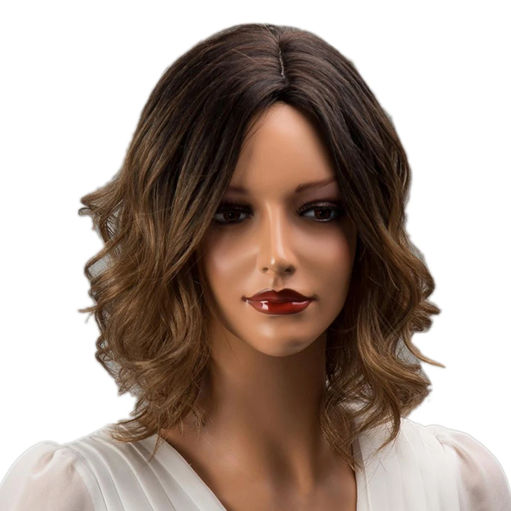 

Dark Brown Human Hair Wigs for Women Natural Looking Short Curly Side Parting Bob Wig Full Head Hairpiece 14 inches
