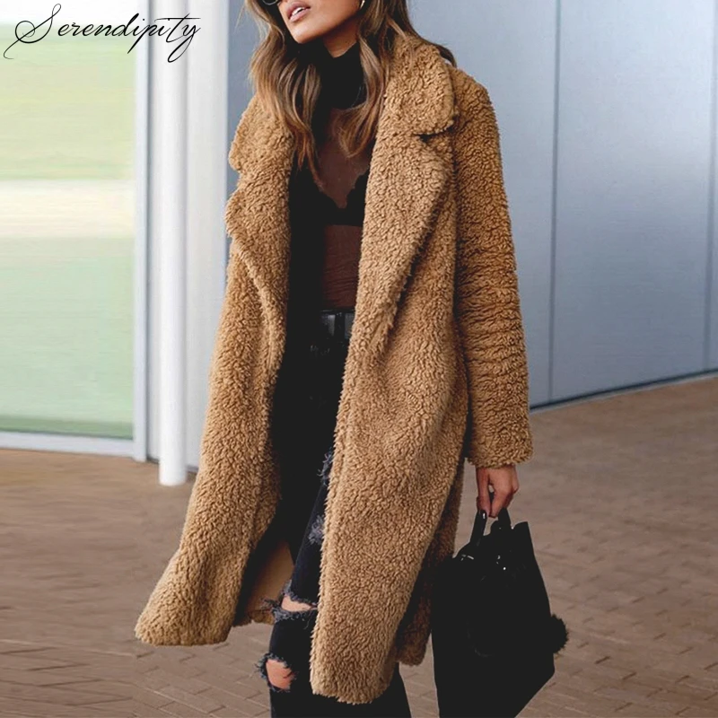 

SRDP Women Winter Suede Jacket 2019 Fashion High Street Caramel Long Coat Female Long Sleeve Faux Fur Coat Mujer Chic Jacket
