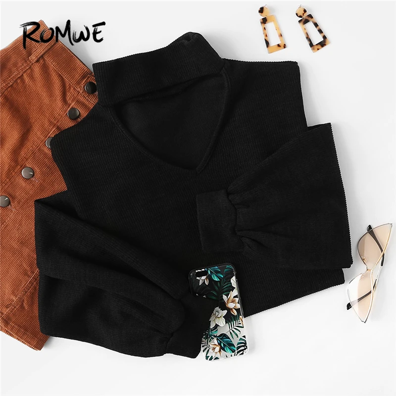  ROMWE Choker Neck Bishop Sleeve Pullover 2019 Black Fashion Women Spring Autumn Sweatshirt Stylish 