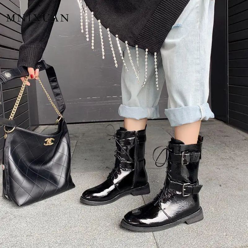 

MNIXUAN Handmade 2019 Women Shoes Winter Boots Women Gothic Shoes patent leather round toe low heel martin punk boots black shoe