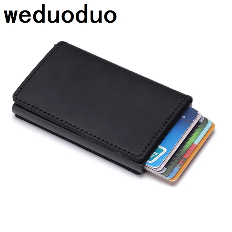 

Weduoduo New Metal Blocking Credit Card Holder With RFID Cowhide Leather Wallet Vintage Solid Aluminum Holder Dropshipping