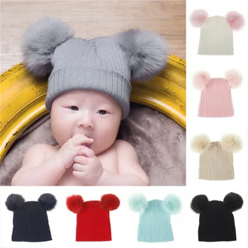 

New autumn winter children's pompom wool hat Kids Wool Knitted Hat Hair Ball Hat Warm Earmuffs Hat for Baby