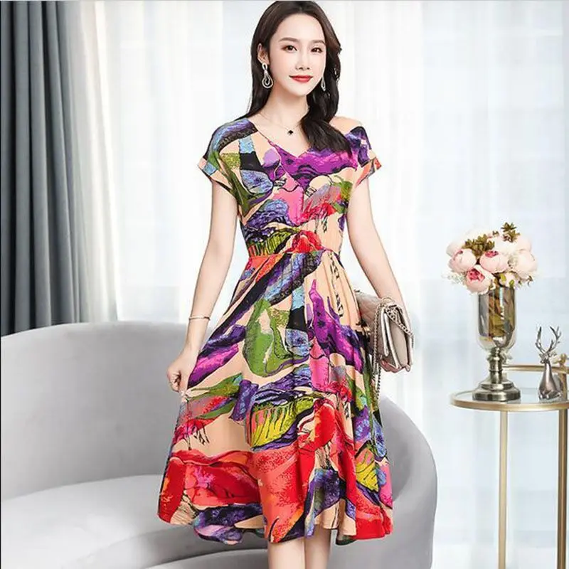 

2019 Women Clothing Medium-long Cotton loose Dress Short-sleeve V-neck Loose Plus Size Xl-6xl Female Style Dresses Vestidos