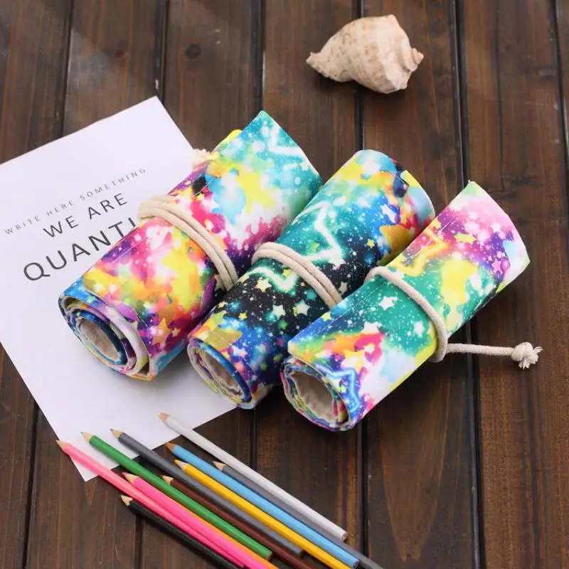

Starry Sky Canvas School Pencil Case 36/48/72 Holes Roll Up Pencil Bag Portable Pencil Box School Supplies Material Escolar