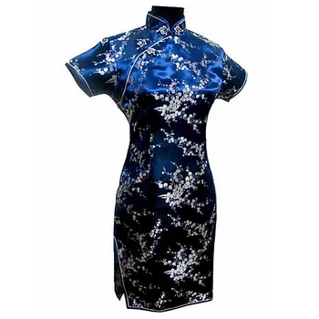 

Navy Blue Women's Satin Short Cheongsam Vintage China Style Mini Qipao Evening Dress Flower Size S M L XL XXL XXXL 4XL 5XL 6XL
