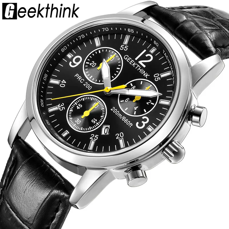 

GEEKTHINK Men's Calendar Watches Luxury Brand Wristwatch Casual Fashion Leather Strap Quartz Watch Quartz Male