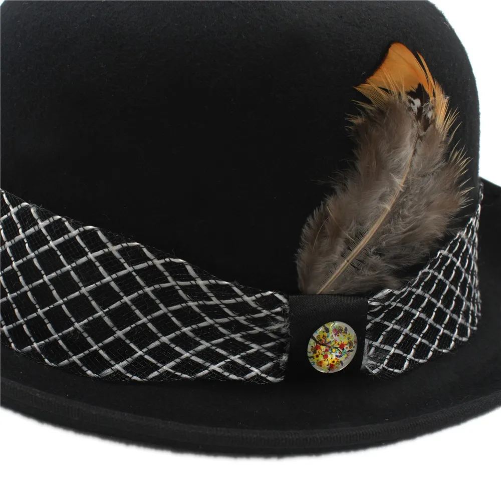 Модная женская мужская черная шляпа-котелок с пером для джентльмена папа шляпа Роскошная Billycock Дерби Fedora шляпы