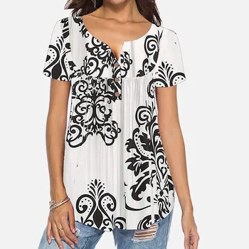 

Floral Print V-Neck Loose Women's Shirts Single Breasted Button Short Sleeve Feminine Blouses 2020 Summer Fashion Ladies Clothes