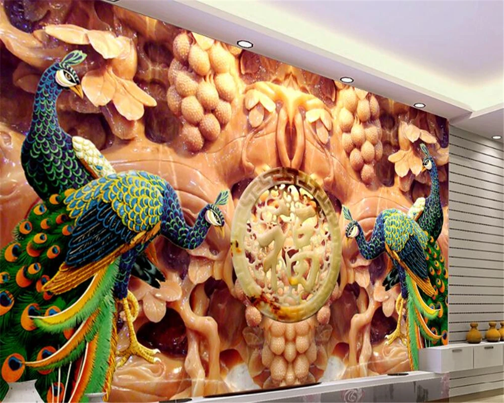 beibehang Advanced Wallpaper Jade Carp Peacock Nafu TV Backdrop Decorative Paintings papel de parede 3d wallpaper tapety | Обустройство