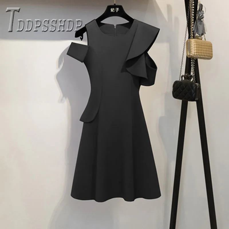 Летнее корейское повседневное женское платье с оборками элегантные женские платья - Цвет: Черный