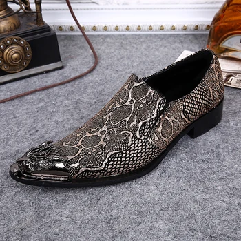 

Plus Size Luxury Genuine Leather Man Loafers Pointed Toe Slip on Python-patterned Footwear Metal Tipped Men's Casual Shoes SL302