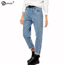 JOYDU брендовые джинсы для женщин в стиле бойфренд модные синие джинсовые брюки с дырками и заклепками уличные брюки ретро джинсы с высокой талией женские
