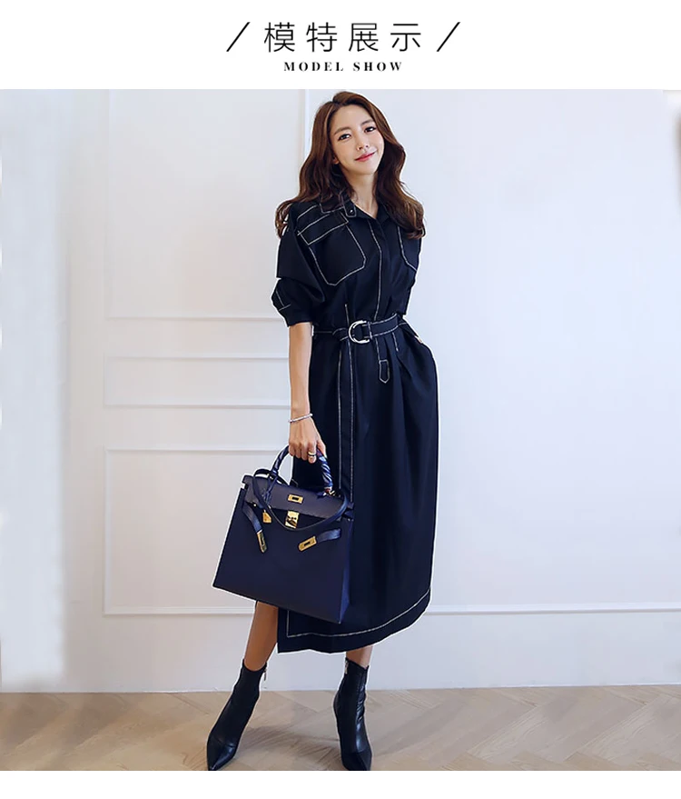 Корейское женское повседневное осеннее офисное платье с рукавом три четверти, однобортное винтажное платье до середины икры с поясом