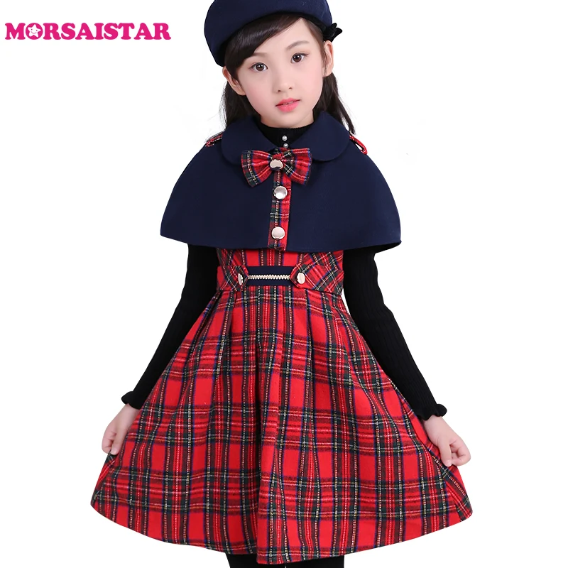 

fashion children 3 piece sets poncho dress hats girls winter clothes 2017 kids girls wool scottish plaid vest dress with sashes