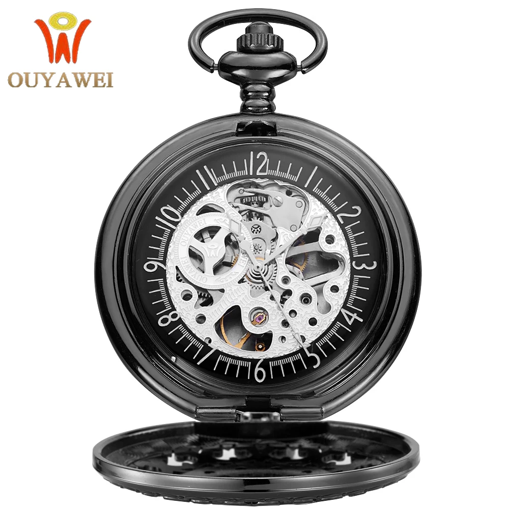 Античная Скелет карманные часы цепи Для мужчин Винтаж часы-браслет скелет мужской часы Прозрачный черный ретро fob Часы подарок