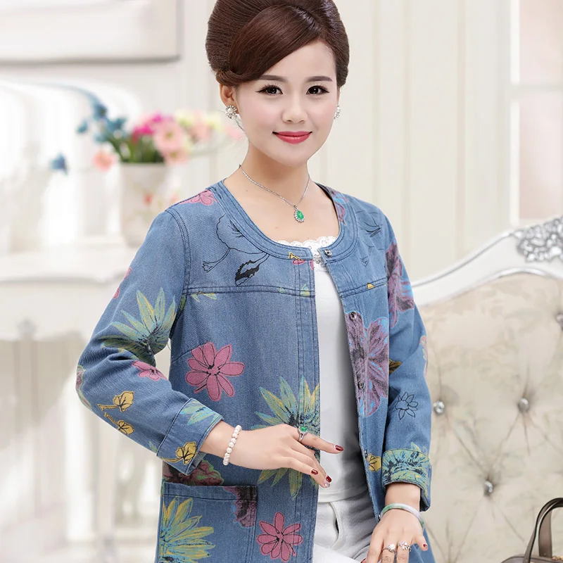 

Middle-aged and old women's autumn wear cowboy coat printed fashion trench coat female middle-aged mother big yards