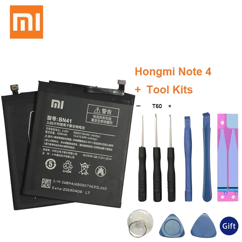 

Xiao Mi BN41 Battery For Xiaomi Redmi Hongmi Note 4 / Note 4X MTK Helio X20 4000mAh Original Mobile Phone Batteries+Tools