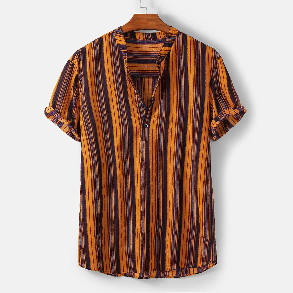 Мужская полосатая рубашка, летняя уличная рубашка со стоячим воротником, Пуловер С Разноцветными полосками, рубашка с коротким рукавом, топ, гавайская рубашка, плюс