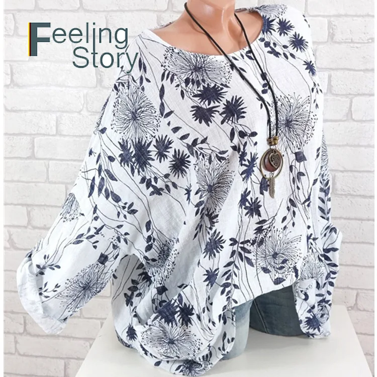 

Women's Tunics Plus Size O-Neck Leaves Print Blouse Bat Long Sleeve Tops Casual Loose Shirt Ladies Tops and Blouses 2019 Blusas