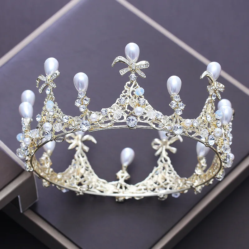 

Nobel Golden Brides Round Crown Baroque Princess Queen Crown Wedding Bride's Head Ornaments Bridal Crystal Pearl Tiaras CR096