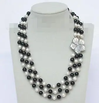 

Genuine 17"-20" 8mm 3row round white freshwater pearl black agate necklace e1780