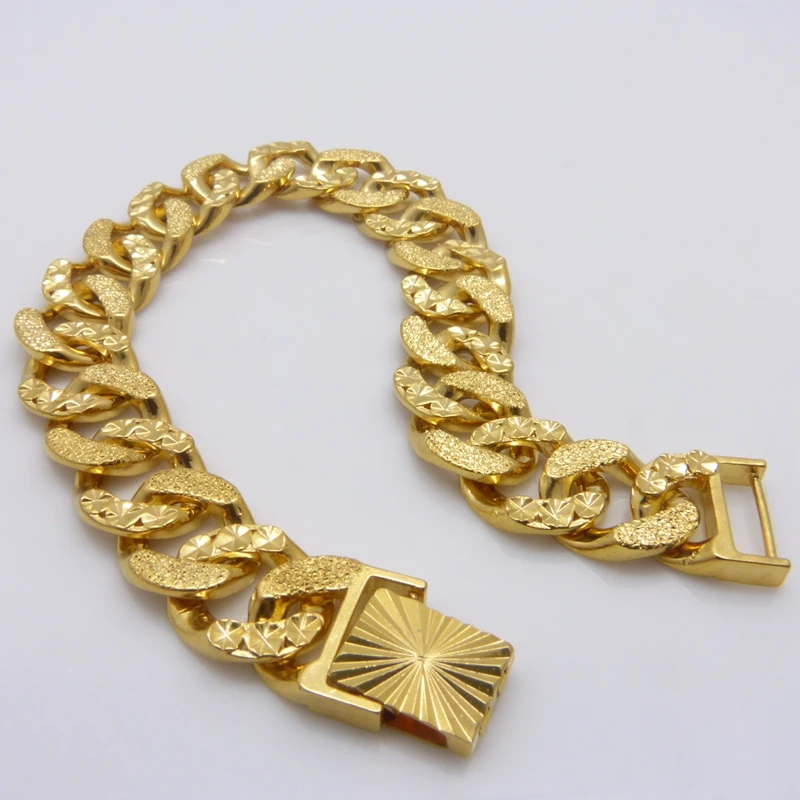 

Carved Wide Wristband Chain Yellow Gold Filled Mens Bracelet Chain 8.6" Long