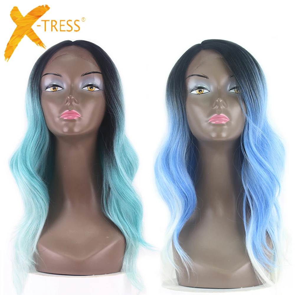 

X-TRESS Dark Root Ombre Green Blue Color Synthetic Hair Wigs For Black Women Body Wave Lace Front Trendy Long Hair Wig Side Part