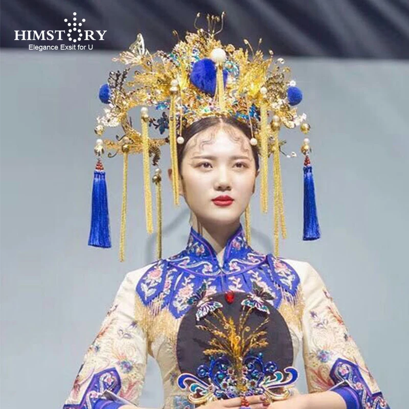 HIMSTORY Exaggerated Handmade Peacock Headdress Phoenix Coronet Stage Show Chinese Vintage Style Blue Tassel Hair Accessories цена HIMSTORY Exaggerated Handmade Peacock Headdress Phoenix Coronet Stage Show Chinese Vintage Style Blue Tassel Hair Accessories цены онлайн
